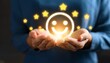© Miguel - close up of hand holding glowing customer satisfaction rating symbols representing positive feedback and service quality with customer satisfaction