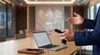 © Alexander - Businessman presents holographic interface in conference room during tech demonstration, showcasing digital workflow diagrams projected over glass screen and ambient lighting