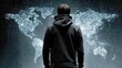 © Nart - A hooded hacker stands before a glowing digital world map, surrounded by cascading binary code. This photorealistic scene embodies global cybersecurity threats and cyberpunk intrigue.