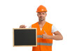 © be free - Labor offer. Worker advertising good job. Man worker hold blackboard with copy space. Labor day. Engineer supervisor man advertising isolated on white. Man worker offer advertisement
