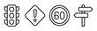 © Rano Begum - Traffic signal and road warning sign with speed limit icon and directional signs set lines.