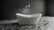 © andrew - Modern freestanding white bathtub on a marble floor in a dark minimalist bathroom interior with hanging lamps