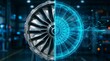 © CK Studio - Jet engine turbine half with digital wireframe overlay, industrial setting, advanced engineering and data integration concept.