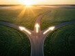 © NUR ISLAM  STORE - A three way road junction with glowing arrows pointing towards the sunrise