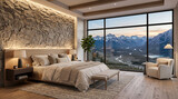 Luxury bedroom with mountain view. Modern hotel suite featuring panoramic window scenery.