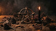 © Muafah - Occult harvest altar with wooden pentagram and black candle.