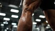 © vionaang - Detailed view of defined leg muscles and sweat on a bodybuilder during intense gym workout