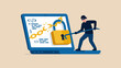 © Ahsan - Unsecured network, cyber crime, online fraud, stealing personal information concept, digital thief breaking a giant padlock with a crowbar on a laptop screen