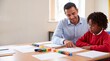 © Aurora Aesthetics - teacher helping student classroom lesson education child learning support school guides a boy at his desk for patient tutoring inclusive instruction confidence and elementary program campaigns