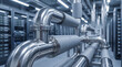© Jonathan - Network of clean, shiny metallic pipes with various connections and insulation in a modern data center environment.