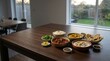 © AeroPixel - Assorted indian food curry bowls and naan bread served on a modern kitchen table near a bright window. curry night menu