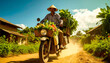 © YSMR2000 - Asian Farmer Riding Motorbike Loaded with Fresh Vegetables through Village Road in Warm Sunlight