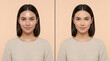 © NOVIA - Side-by-side comparison of natural and enhanced beauty in portrait photography showcasing clear skin and even complexion