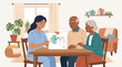 © tena - Medical professional explaining kidney diagram to elderly couple at home