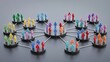 © Moksad - Connected network structure featuring colorful humanoid figurines on circular platforms representing diverse team collaboration concepts in professional corporate business environments.