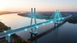 © TriDat - Aerial view of a modern cable-stayed bridge at sunrise with glowing digital wireframe overlay. Concept of smart city infrastructure, digital twin technology, and connectivity.