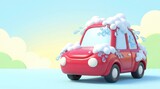 Adorable red cartoon car with soap bubbles and water splashes during a car wash auto repair