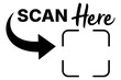 © RI Rafiq - Scan here, QR code PNG image frame. Black text with curved arrow and barcode scanner frame box, mobile payment graphic element, transparent background