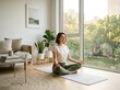 © ANWAR - Young woman practicing yoga and meditation in a bright modern living room