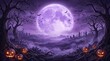 © VisualTervox - Spooky halloween night background featuring a giant purple full moon with silhouetted trees and glowing jack o lanterns