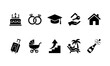 ©  vector icon - Life Events Milestones Celebration Icon Set. Birthday cake, wedding rings, graduation cap, house key in hand, home, luggage suitcase, baby stroller, career growth stairs, beach relaxation vacation, po