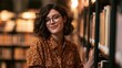 © Ірина Пальцева - Charming librarian with a warm smile, standing gracefully amidst towering bookshelves, illuminated by soft, inviting light, epitomizing knowledge and scholarly pursuits
