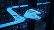 © Riola - Glowing fiber optic cables connected to high speed network server racks inside a modern dark technological high tech data center