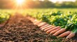 © dmmarychev - Row of harvested carrots on dark soil in agricultural field during sunset