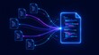 © King Stock - Centralized data processing and document integration concept with multiple digital files streaming light trails into one central master document hub.