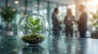 © Zaldy - Green technology ecosystem concept featuring a plant in a glass sphere with glowing digital network lines in a modern corporate office.