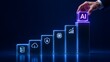 © D' Architect - Hand placing AI cube on a growing stack of technology icons, symbolizing future digital advancement and business innovation.