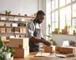 © MediaPro - Homme d'affaires emballant des colis sur une table en bois dans une boutique artisanale entourée de plantes vertes et d'étagères en bois