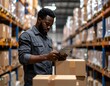 © MediaPro - Ouvrier d'entrepôt africain vérifiant une étiquette sur un carton parmi des rayonnages remplis de marchandises éclairés par la lumière dorée