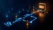 © Ridwan_DigitalGrid - Glowing digital SEO optimization workflow with analytics and strategy icons. Search engine optimization and digital marketing progress concept.