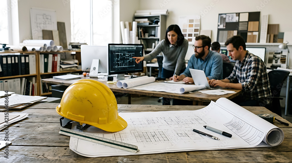 Equipo de ingeniería analiza planos técnicos en oficina