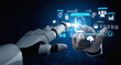 © InfiniteFlow - Futuristic robotic hand interacting with digital interface displaying data, icons, and graphs in a modern technology-driven environment. Glyphic.