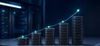 © Endpoint - Stacked computer servers forming a rising bar graph with a glowing upward arrow representing data center growth and network performance success.