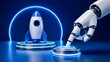 © resky - Sleek robotic hand pressing a glowing start button beside a space rocket representing high tech startup launch and artificial intelligence innovation