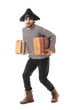 © Pixel-Shot - Young shocked man dressed as pirate for Halloween with suitcases isolated on white background