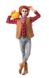 © Pixel-Shot - Young happy man dressed as cowboy for Halloween with pumpkin isolated on white background