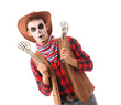 © Pixel-Shot - Young shocked man dressed as cowboy for Halloween with skeleton hands isolated on white background