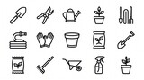 Minimalist gardening icon set, 15 black line garden tool symbols, professional horticulture equipment icons for landscaping apps