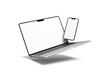 © D85studio - Floating laptop and smartphone mockup with blank white screens isolated on transparent background.