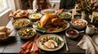 © Jhorna - A beautifully roasted golden turkey centerpiece surrounded by traditional side dishes on a rustic wooden table for thanksgiving dinner