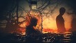 © TensorSpark - Glass bottle with trapped human silhouette and lone figure at sunset symbolize alcohol addiction, drinking habit, loneliness, and recovery struggle.