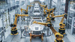 © Gorodenkoff - Sparks Fly as Rows of Yellow Industrial Robot Arms Spot Weld Unpainted Car Chassis Advancing Down a Smart Assembly Line Inside a High Tech Automated Automobile Manufacturing Plant.
