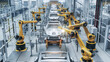 © Gorodenkoff - Symmetrical Aerial Perspective Down a Fully Automated Production Corridor Where Yellow Robotic Manipulators Join Aluminum Vehicle Frames on Conveyor Pallets Inside a Spotless Car Plant.
