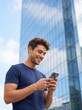 © Ben photography Ai - Happy professional businessman holding smartphone in hands looking at cellphone outdoor, young business man customer using finance banking mobile app on cell phone standing in city. Vertical.