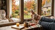 © xuxu - Cozy autumn scene with person in knitted socks relaxing by a window, enjoying a warm drink, book, and candle with a vibrant fall landscape outside