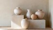 © Anastasia - Group of five vases arranged on a white pedestal against a beige wall. the vases are of different sizes and shapes, with the largest one in the center and three smaller ones on either side.